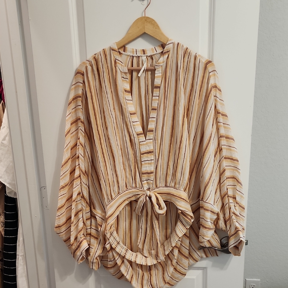 Anthropologie Striped Tie-Front Balloon-Sleeve Tunic in Cream and Tan
